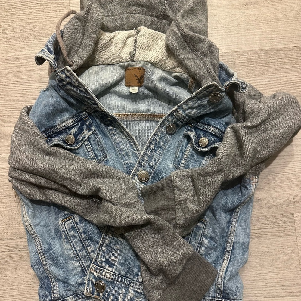American Eagle Outfitters Blue Jean Jacket with Gray Hoodie